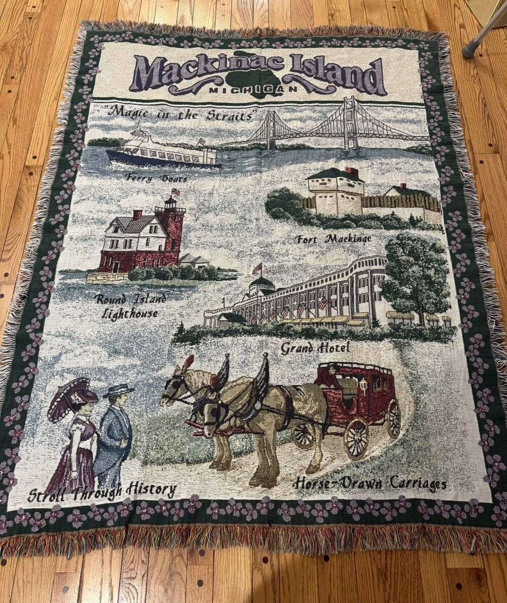 Vintage Mackinac Island MI Woven Tapestry Throw Blanket 50x64 Fringed